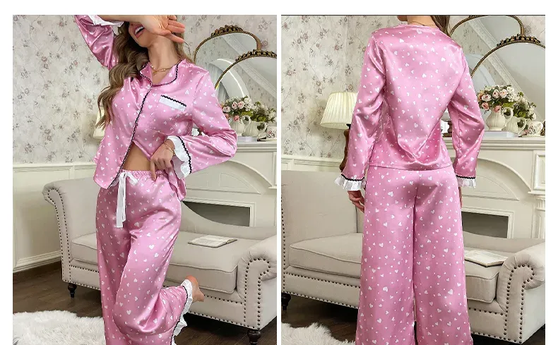 2025 New Women's Spring And Autumn Silk Color Dye Heart Print Lace Sleeve Long Pants Pama Set Homewear_voghion.com
