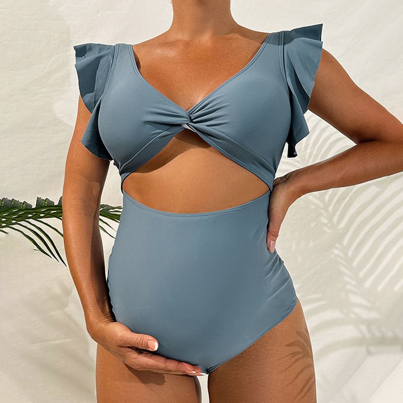 Zwangerschapsondersteunende badkleding voor vrouwen 2025 Nieuwe mode effen kleur losse korte mouwen buikbedekkende eendelige badpak_voghion.com