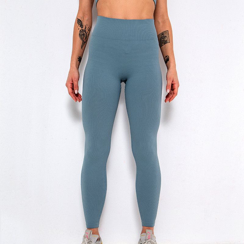 Leggings a coste senza cuciture con reggiseno integrato - Pantaloni da yoga a vita alta per donna, collant elasticizzati in nylon per l'allenamento, abbigliamento sportivo casual estivo_voghion.com