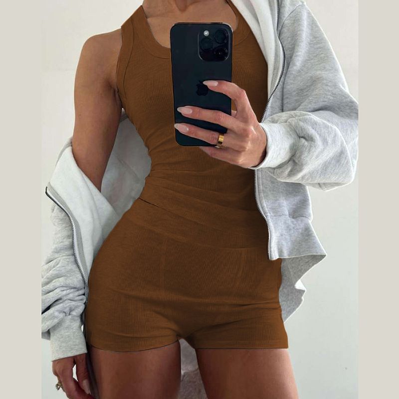 Damenbekleidung Herbstmode Lässig Rundhals Einfarbig Slim Fit I-förmige Weste Hohe Taille Shorts Anzug_voghion.com