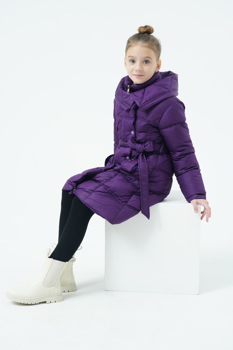 Mother & Kids Langer Puffermantel für Mädchen mit Gürtel und Kapuze – Warme Winterjacke mit Fleecefutter für Kinder (120–150 cm) – Lila/Wassermelonenrot/Schwarz_voghion.com