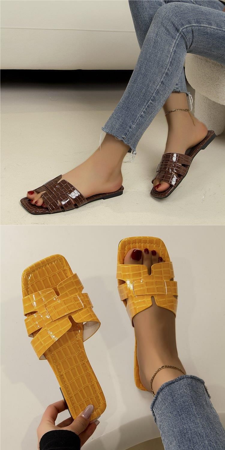 A Word Solid Color Flat Women's Slippers New Classic Stone Pattern Slip-on_voghion.com