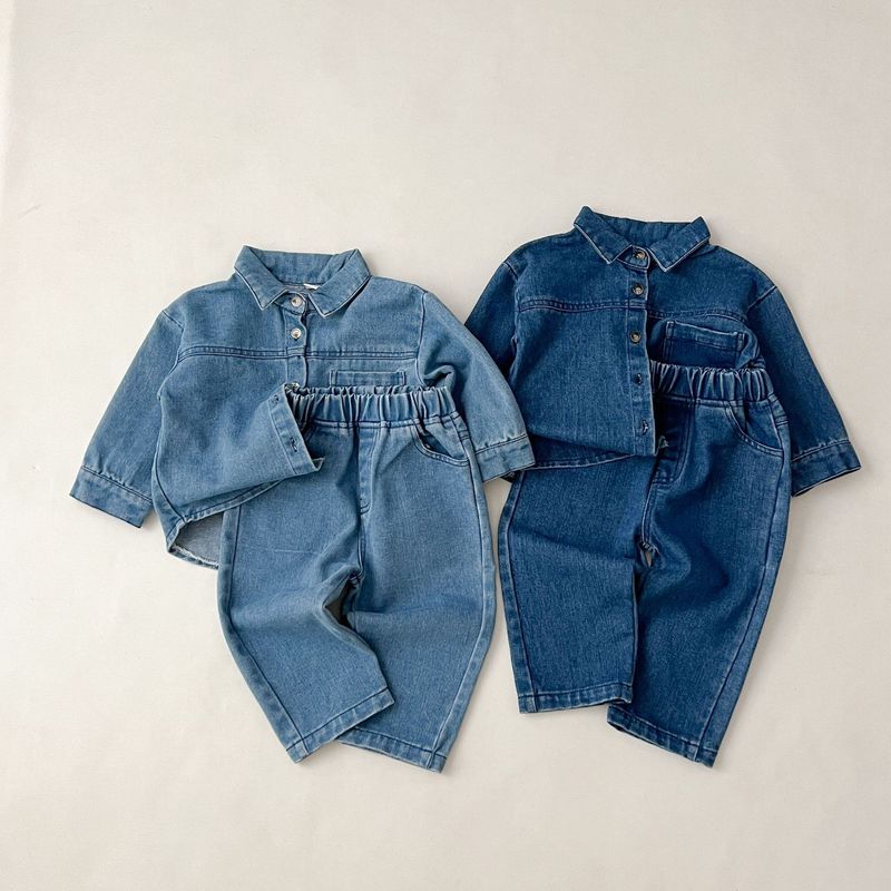 Nuovo set di abbigliamento autunnale coreano per bambini, top da uomo e da donna, abito in denim con maniche, pantaloni lunghi, set da due pezzi_voghion.com