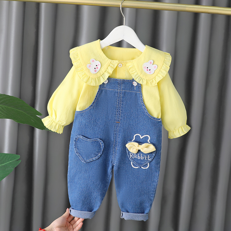 Piger-babyseler forår og efterårskjole Langærmet dukkekravebluse til piger i todelt modesæt_voghion.com