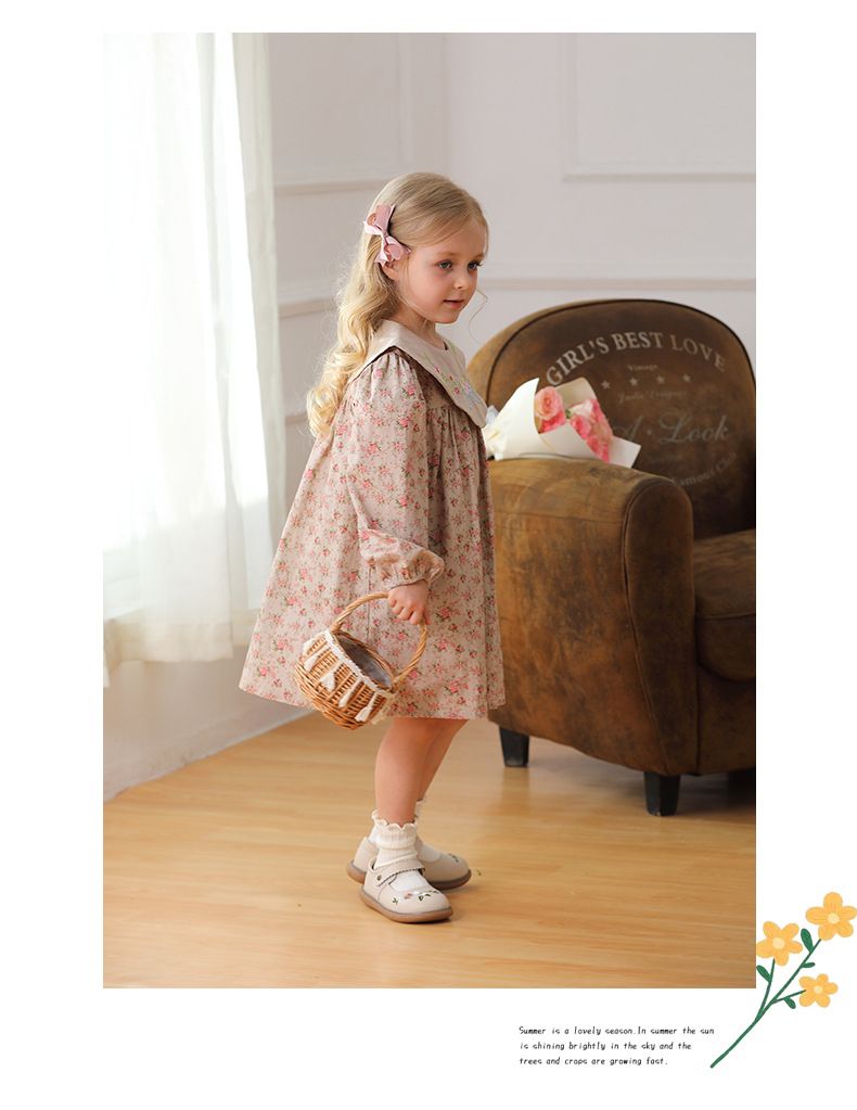 Rochie de fete cu guler retro și flori pentru mame și copii, îmbrăcăminte pentru mame și copii, toamna 2024, broderie cu flori, fustă de prințesă dulce pentru copii_voghion.com