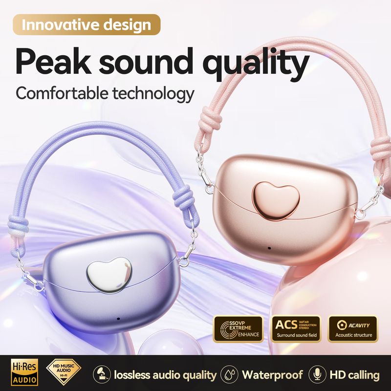 Heart-shaped Bag Style Clip On Earbuds Open Ear Wireless Bluetooth 5.4 Headphones With Mic Noise Cancelling Waterproof Headphone_voghion.com