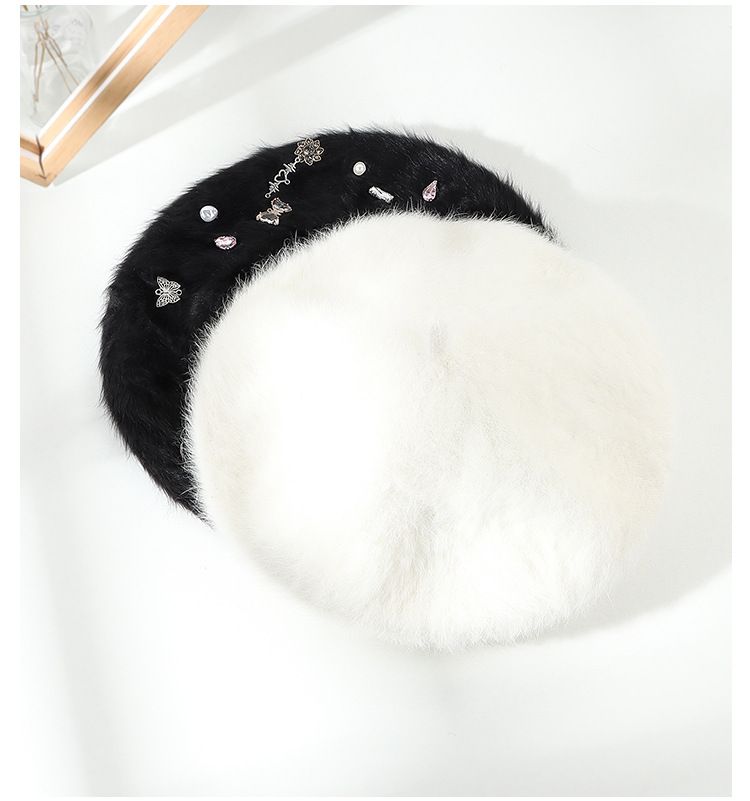 2024 Autumn/winter New Rabbit Hair Butterfly Rose Water Diamond Combination White Girls' Hat Warm Beret_voghion.com