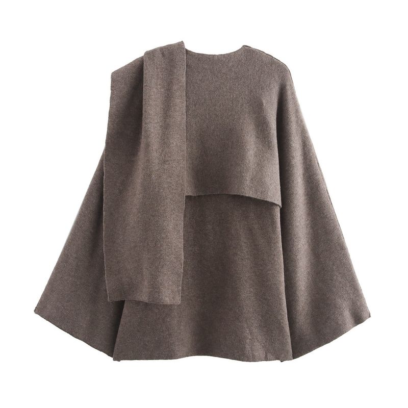 Elegant Asymmetrical Cape Knit Top – Women’s Long-Sleeve Scarf Neck Pullover, Loose Fit Boho Chic (Grey/Brown)_voghion.com