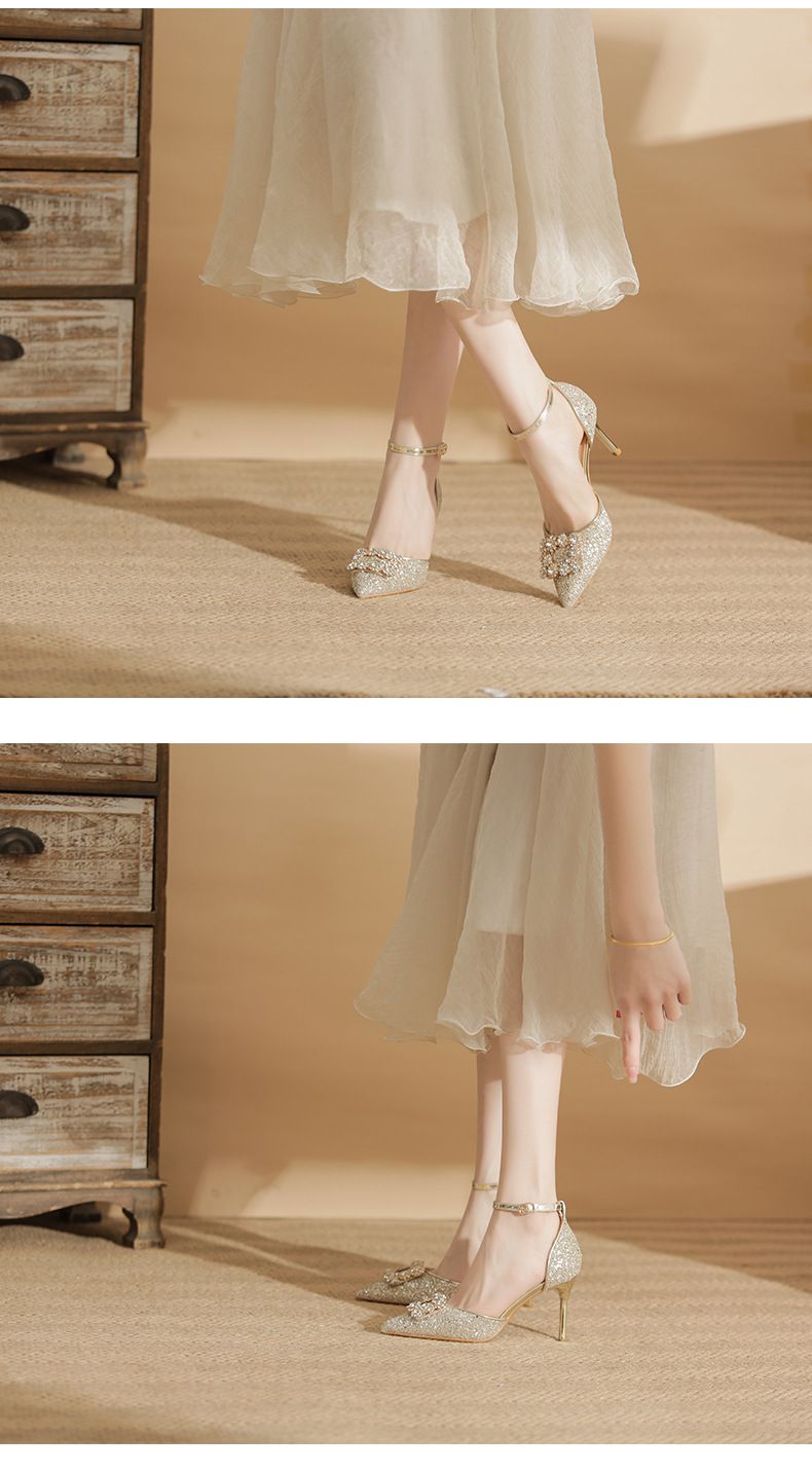 Scarpe da sposa con tacco a spillo color oro champagne - Scarpe da sposa con strass e fibbia quadrata, eleganti tacchi per feste di matrimonio_voghion.com