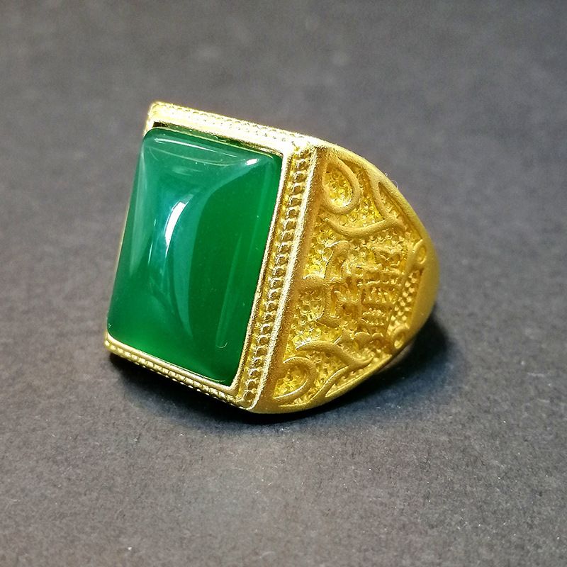 Anello da uomo in polpa di giada verde con pietra quadrata, tirando le dita per ricchezza e tesori, anello vivente_voghion.com