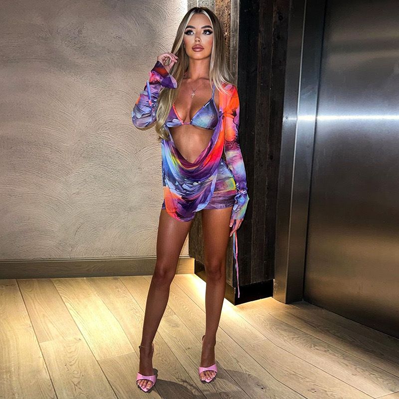 2025 Women's Summer New Painted Print Swing Neck Mesh See-through Ruched Tie Bra Set_voghion.com