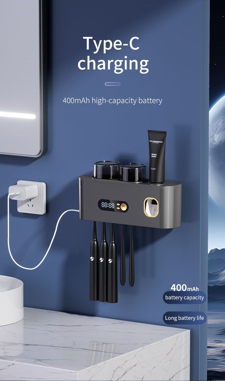 UV Smart Toothbrush Holder Sterilizer Electric Drying Storage Rack Wall-Mounted No Drilling Required_voghion.com