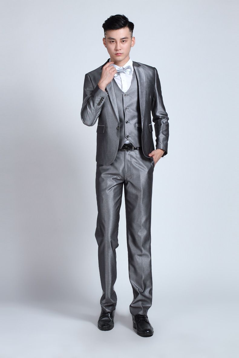 CT 2025 New Men's Set Groom Korean Style Slim Fit Host Wedding Silver Gray Suit_voghion.com