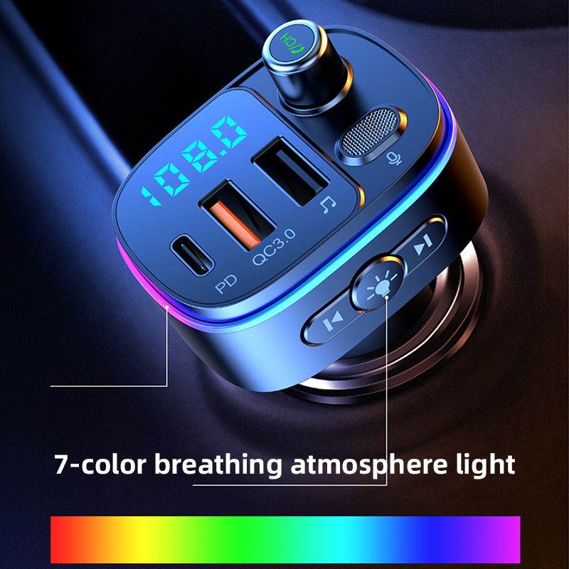 Bluetooth 5.0 FM Transmitter MP3 Player U Disk Music Car Charger Type-C PD QC3.0 Fast Charging 7 Color Ambient Light_voghion.com