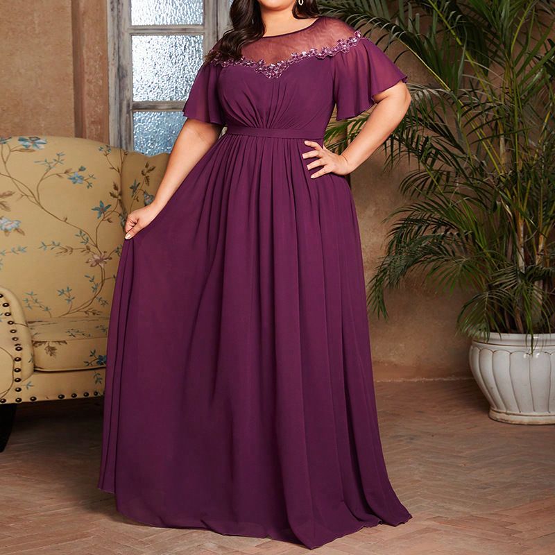 Elegantes Abendkleid in Übergröße für Hochzeit, Brautjungfer und Party – kurzärmliges Abendkleid mit funkelnden Pailletten_voghion.com