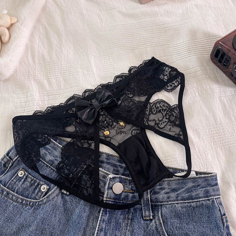 luckyqqyp The Bell Rings, Pure Desire Appears ~ French Lace Light Hollow Low Waist Sexy Open Crotch Triangle Panties For_voghion.com