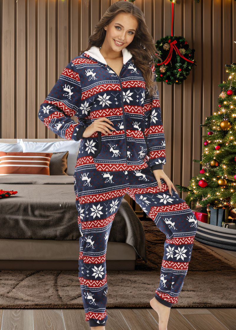 women's Christmas deer snowflake flannel hooded jumpsuit pajamas home clothes_voghion.com