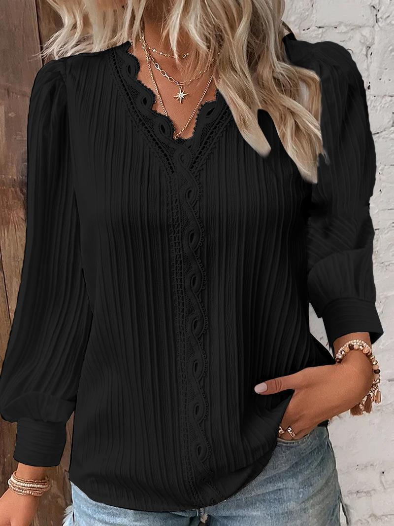 Camicia da donna con cuciture in pizzo con scollo a V a maniche lunghe autunno vendita calda da donna_voghion.com