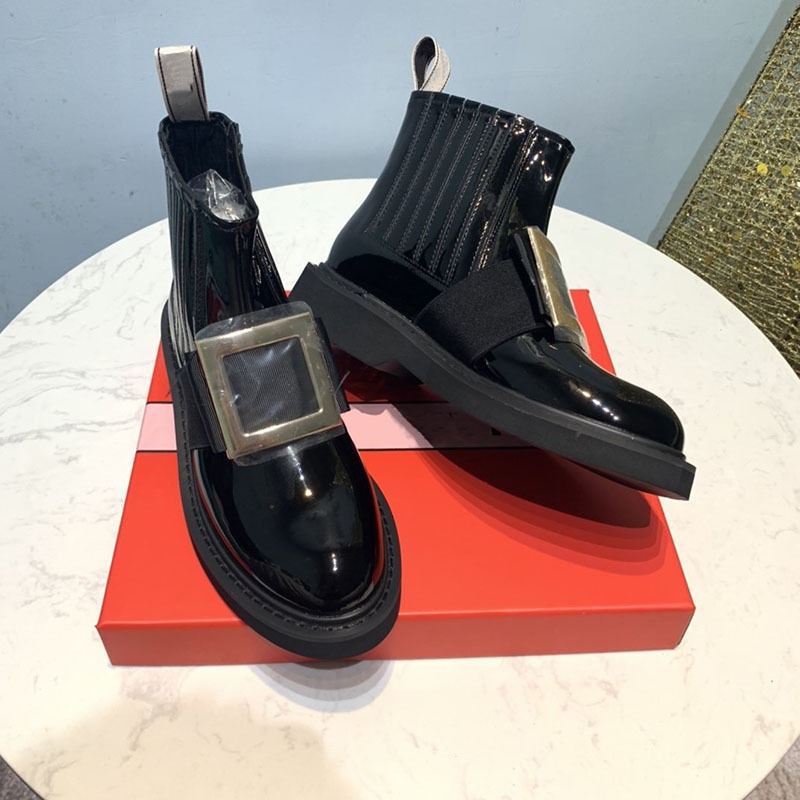 New Women's Flat Bottom Round Head Short Boots with Square Buckle Lacquer Leather Water Diamond Martin Boots Women's Versatile Shoes_voghion.com