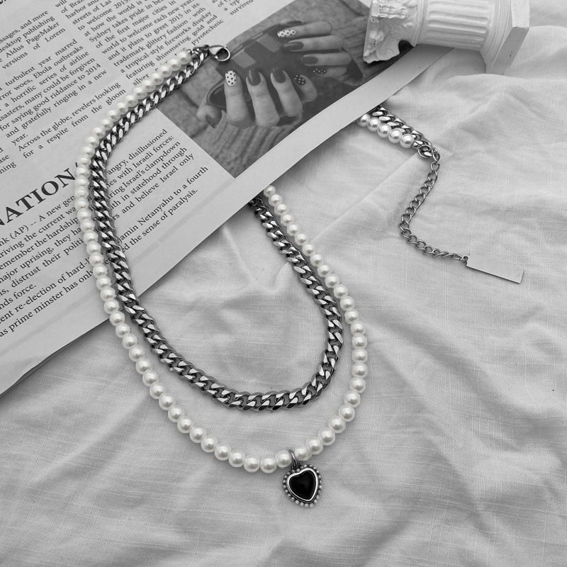 Trendy Titanstahl-Halskette im Hip-Hop-Stil mit Perlen- und Zirkon-Anhänger, doppellagige Schlüsselbeinkette für Herren und Damen_voghion.com