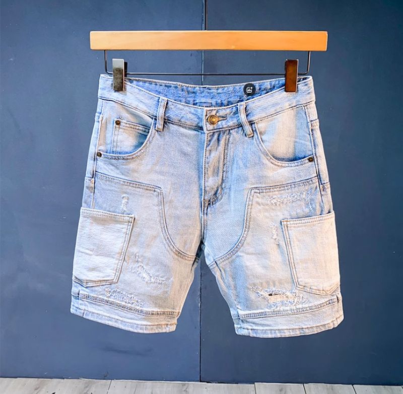 Herren-Jeansshorts im Used-Look, Patchwork-Optik, helle Waschung, 12,7 cm Innennaht, lässige Cargo-Shorts für Herren, Streetwear-Mode, Stretch, bequeme Passform_voghion.com