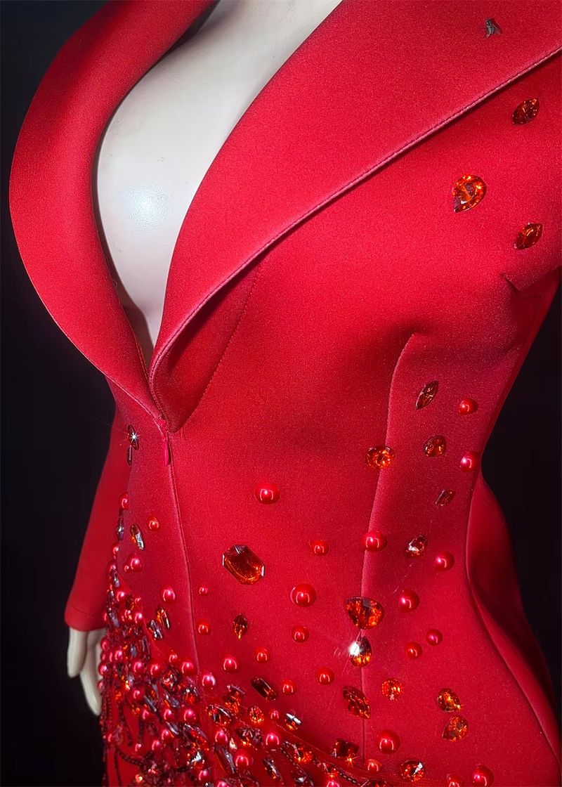 Elegante abito da ballo con frange di strass – Abito da sera e da spettacolo (S/M/L/XL, nero/rosso)_voghion.com