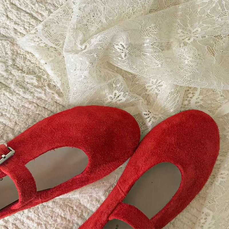 Cowhide Version Version Of Round Toe Mary Jane Shoes, Brushed Cowhide Shallow Mouth Flat Shoes, Red Single Shoes For Women_voghion.com