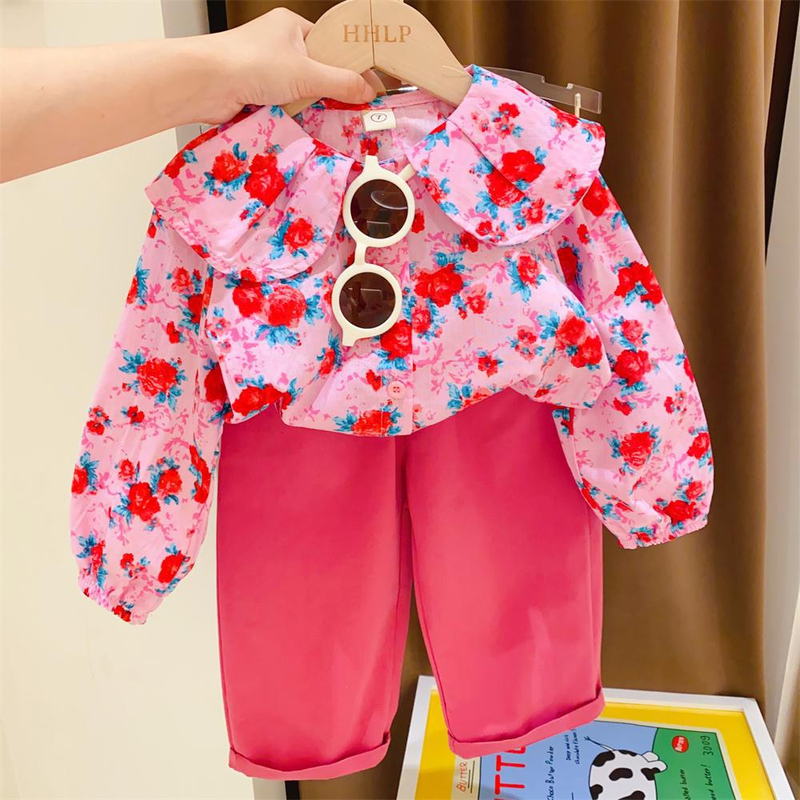 2023 Camicia alla moda da ragazza nuova edizione coreana con fiore grande colletto a foglia di loto Top pantaloni casual a tubo dritto in due pezzi_voghion.com
