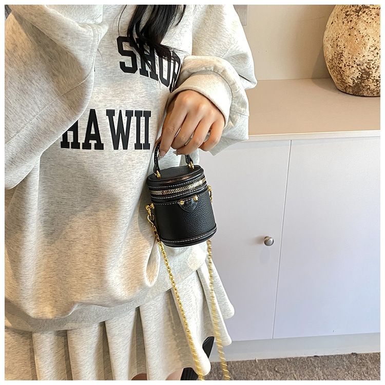 Borsa a secchiello da donna, mini borsa a secchiello rotonda con contrasto di colore, stile per famiglie, da portare a mano, piccola borsa a tracolla color rossetto, da donna_voghion.com