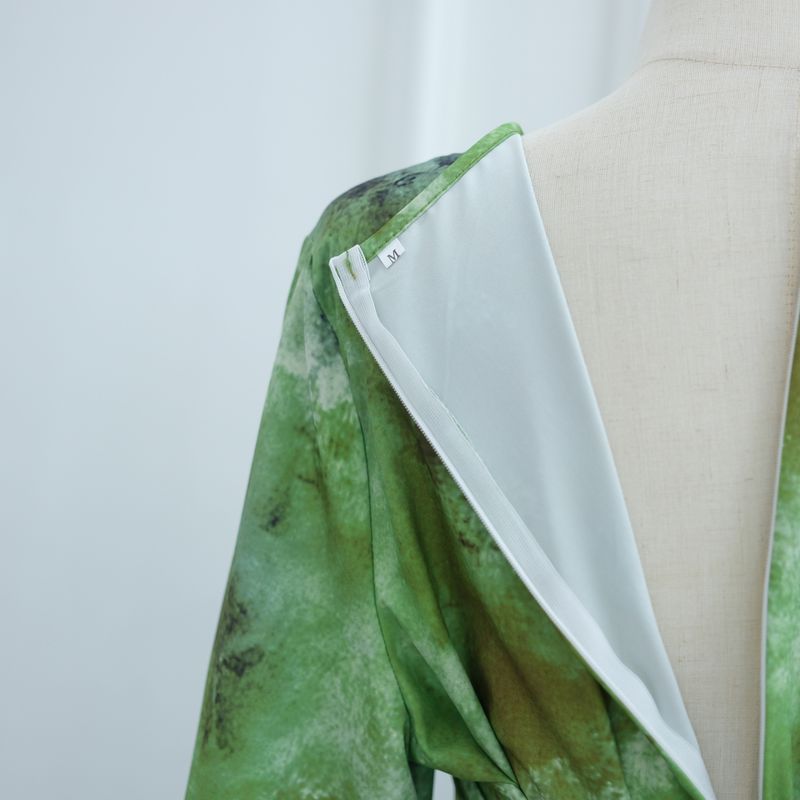 Damenbekleidung Damenkleid mit Blumendruck – Elegantes Langarm-Midikleid mit Fliege, Büro- und Freizeitkleidung (Grün, Gelb, S/M/L/XL)_voghion.com
