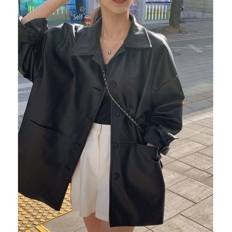 Giacca monopetto con colletto rovesciato, stile coreano, per donna, nuova giacca in pelle versatile e ampia, nera_voghion.com