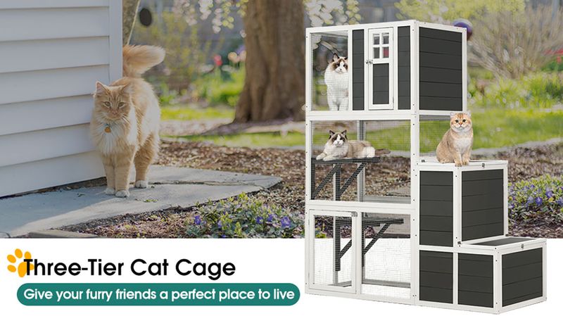 3-Tier Wooden Outdoor & Indoor Cat House Suitable For 1-3 Cats Cat Enclosure Resting Box With 4 Platforms And 2 Doors Cat Shelter Kitty House With A Jump Box For Hiding And Resting Cat Cage 71"H-Gray_voghion.com