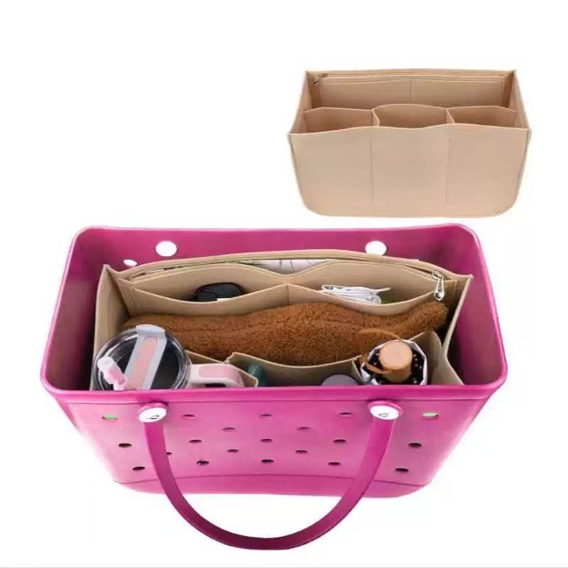 Strandtasche aus Filz, großes Fassungsvermögen, mehrere Taschen, Innentasche mit Druckknopf, multifunktionale Organisation, tragbare Schminktasche_voghion.com