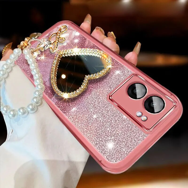Pearl Bracelet For OPPO A57 A77 A58 A78 A98 A38 Realme C53 Reno 2Z 2F A16 Mirror Cover Shiny Glitter Case A 57_voghion.com