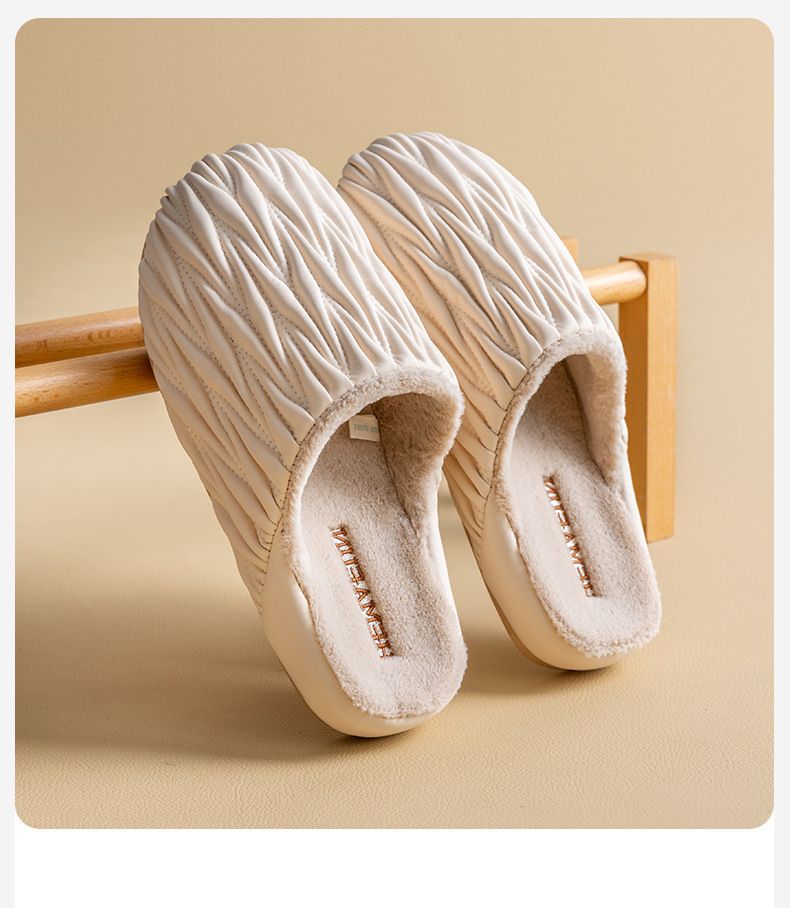 Wrinkled Cotton Slippers For Women, Autumn And Winter, Indoor Home, Anti Slip, Waterproof, Warm, Home With Velvet Leather Slippers For Men_voghion.com