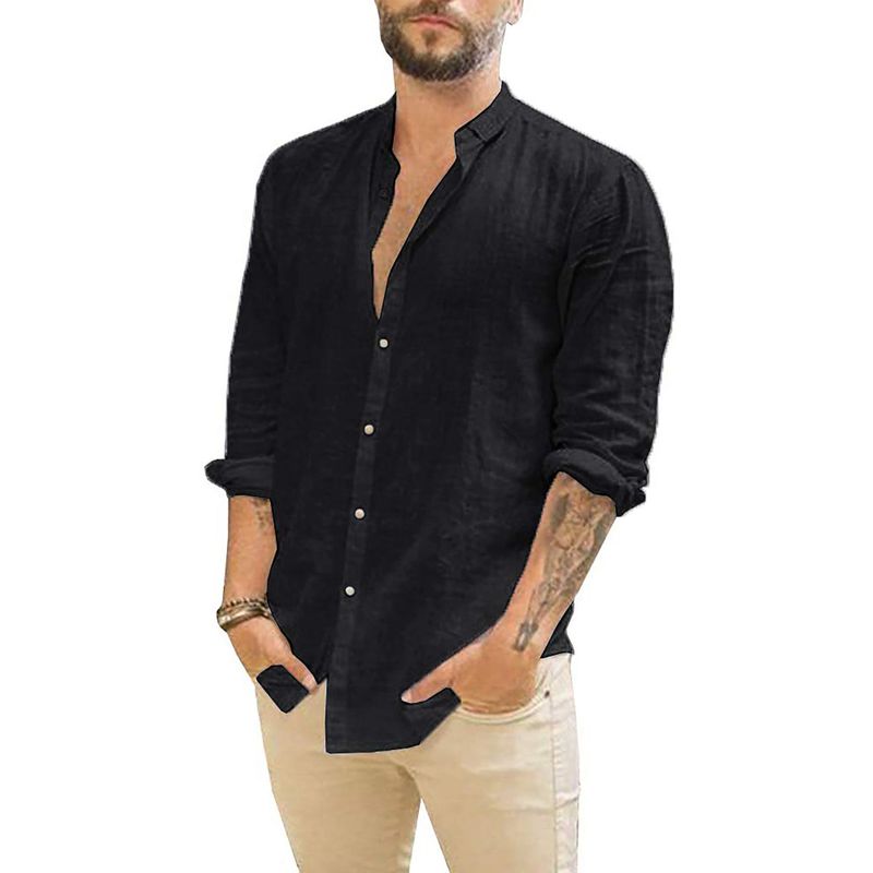Suitable For All Seasons 2025 Men's New Linen Cardigan Solid Color Casual Stand Collar Long Sleeve Shirt_voghion.com