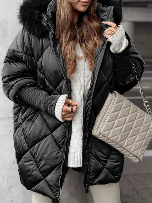 Damenbekleidung Winter Warme Baumwolljacke mit Pelzkragen Damen Reißverschluss Langarm Schlanke Baumwolljacke mit Kapuze_voghion.com