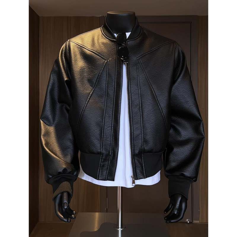 Men’s Vintage Cracked PU Leather Jacket – Retro Biker Style With Ribbed Hem Windproof & Abrasion-Resistant, Short-Length Design_voghion.com