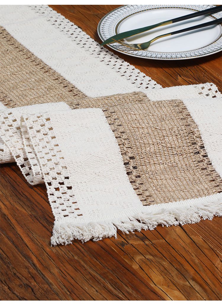 Two Color Woven Tassel American Cotton And Linen Table Runner Stitching Natural Material Table Mat Holiday Decoration Cover_voghion.com
