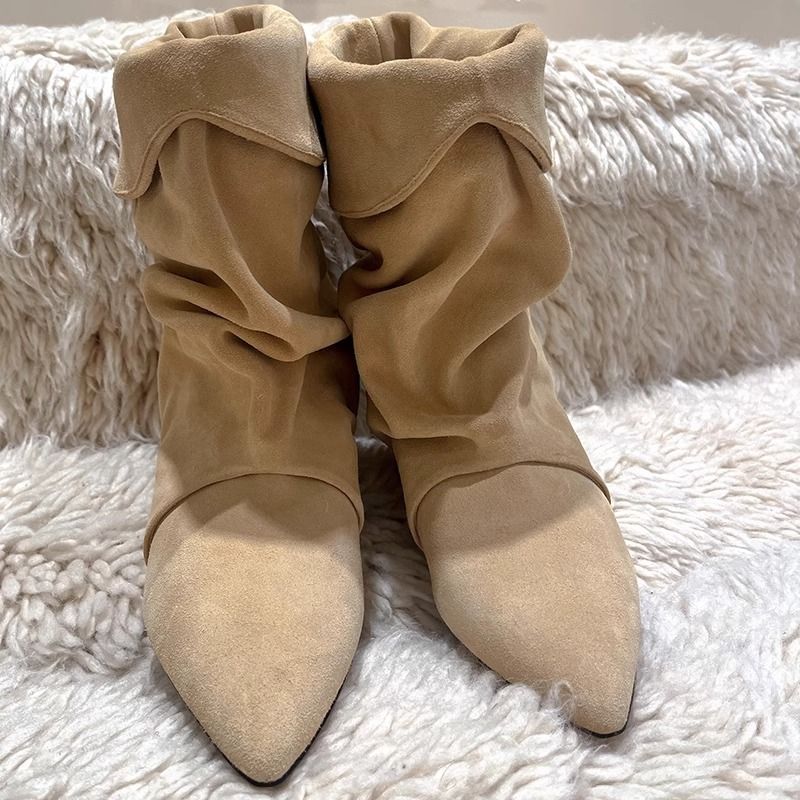 Versione in pelle di pecora ~ Scarpe da donna con tacco a spillo e pelo piegato, nuove scarpe casual alla moda western per autunno e inverno,_voghion.com