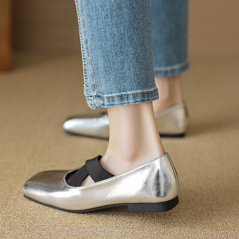 Silver Ballet Shoes Women's Light Mouth Vintage Cross Strap Square Head Single Shoes Women's Soft Sole_voghion.com