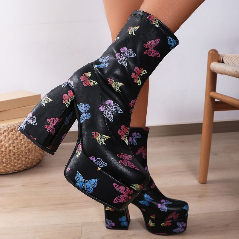 Women's Chunky Heel Pumps denim short boots women's square head waterproof platform high heel fashionable thick bottom women's boots_voghion.com