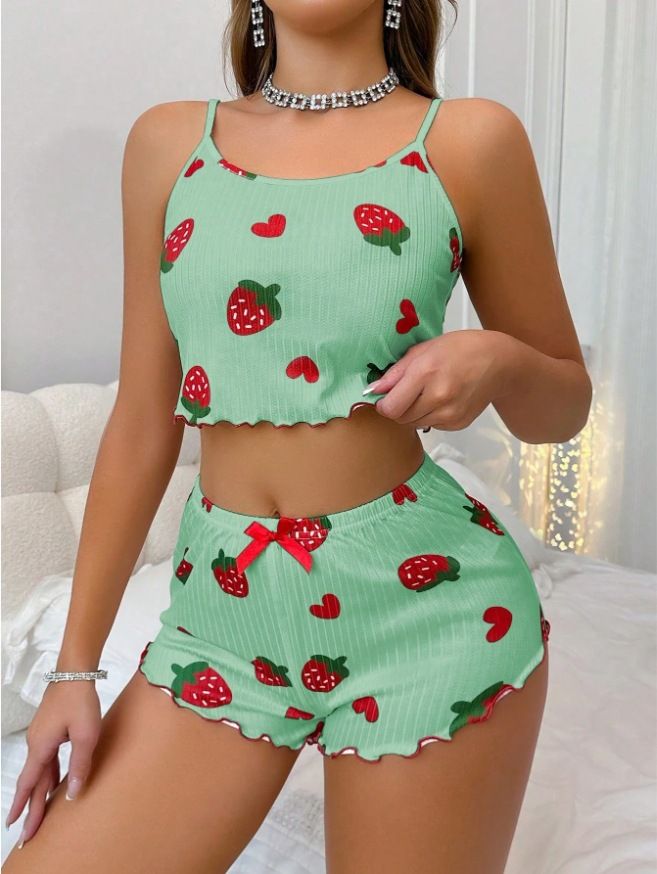 Zweiteiliges Set aus Camisole-Shorts mit Herz-Print und sexy Loungewear aus Milchseide_voghion.com
