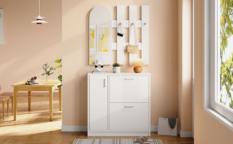 Meuble à chaussures avec portes battantes et coulissantes, rangement d'entrée avec miroir et crochets, étagère à chaussures blanche pour petits couloirs, rangement de salon_voghion.com