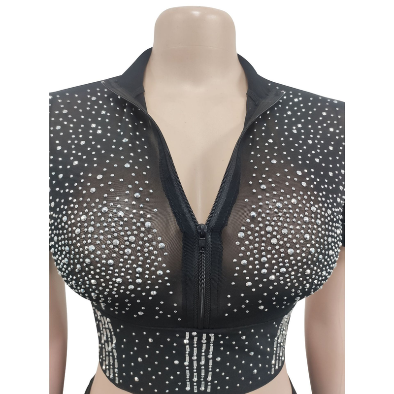 Set di due pezzi di pantaloni a maniche corte da donna in rete tinta unita con diamanti caldi_voghion.com