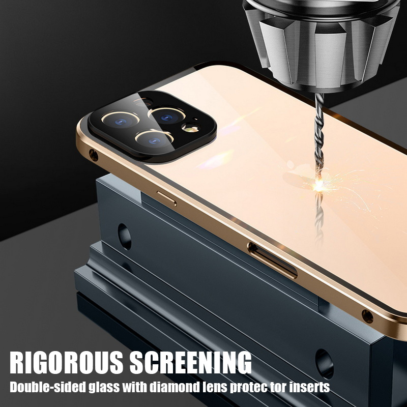 Funda de vidrio de doble cara con protección completa de 360 ° para iPhone 14, 13, 12 Pro Max, hebilla deslizante, parachoques de Metal de aleación de aluminio_voghion.com
