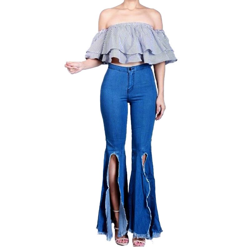 Women's clothing HSF2221 fashion versatile wide-leg slit trousers slim denim stretch bell pants_voghion.com