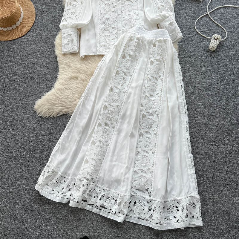 Ensemble chemisier taille haute en dentelle et jupe évasée style court – Tenue élégante deux pièces (beige/vert/blanc/bleu, taille unique)_voghion.com