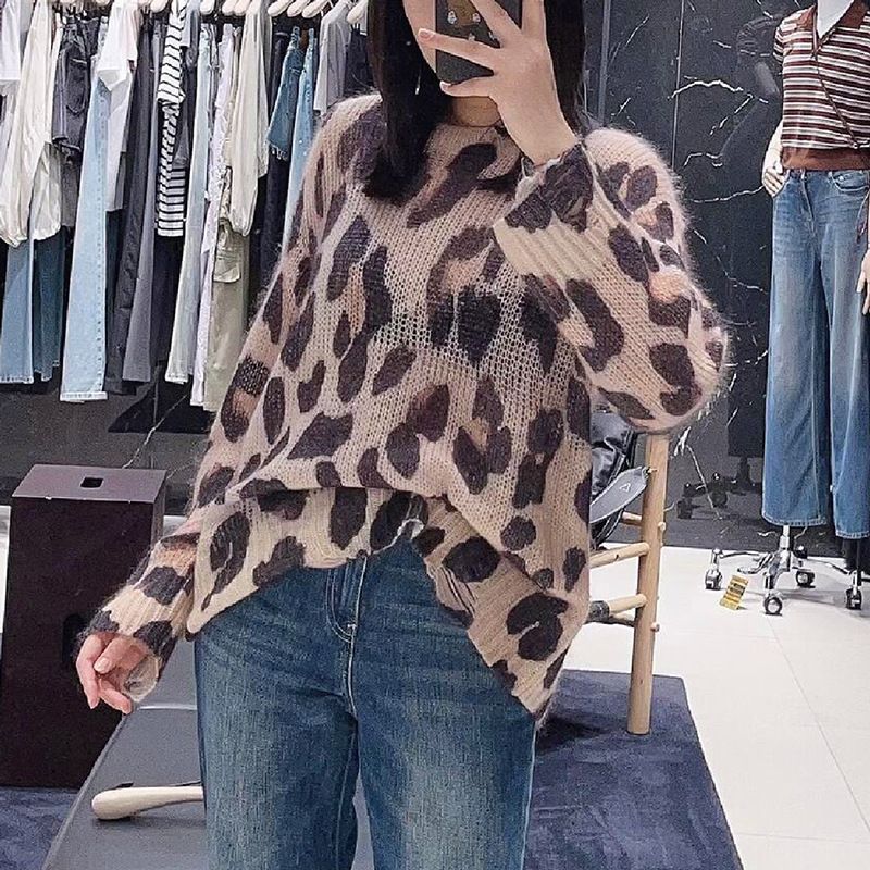 Pull tricoté en mohair à imprimé léopard pour femme, style Qin Lan, collection automne 2025, MBE3SWT053_voghion.com