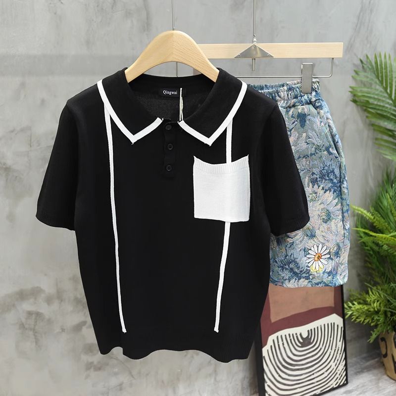 Herrenbekleidung Leichtes, luxuriöses, farblich passendes, hochklassiges Retro-Poloshirt mit kurzen Ärmeln und Tasche für den Sommer, dünnes, schmales, gestreiftes T-Shirt mit halblangen Ärmeln_voghion.com
